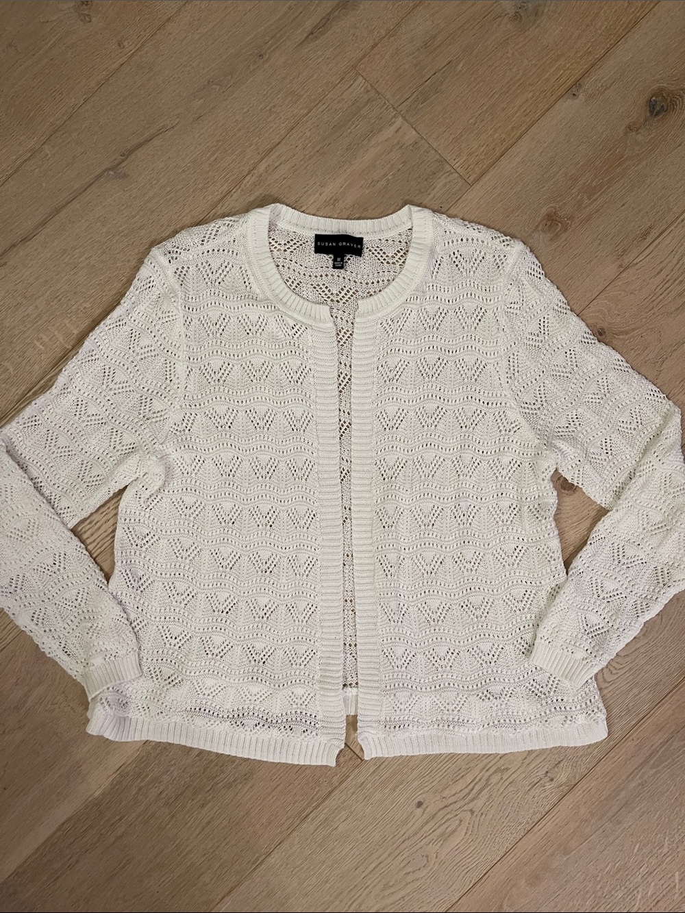 Susan Graver White Openwork Knit Cardigan